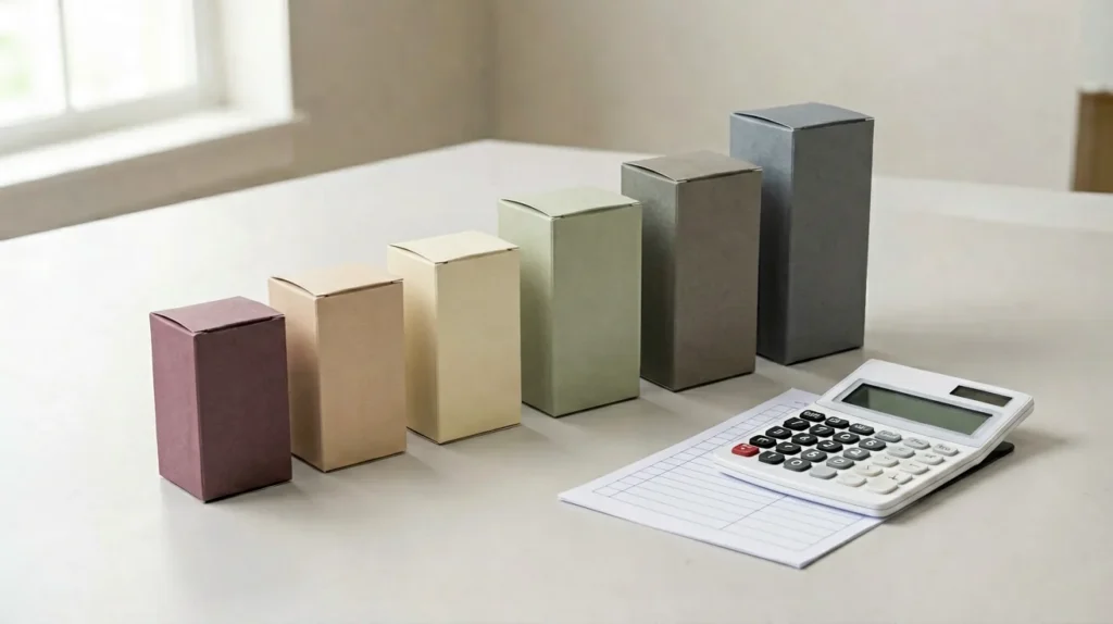 Five unbranded carton-shaped records arranged with a calculator for an editorial price comparison