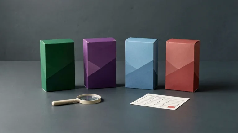 Four abstract unbranded carton boxes arranged for an adult catalogue comparison
