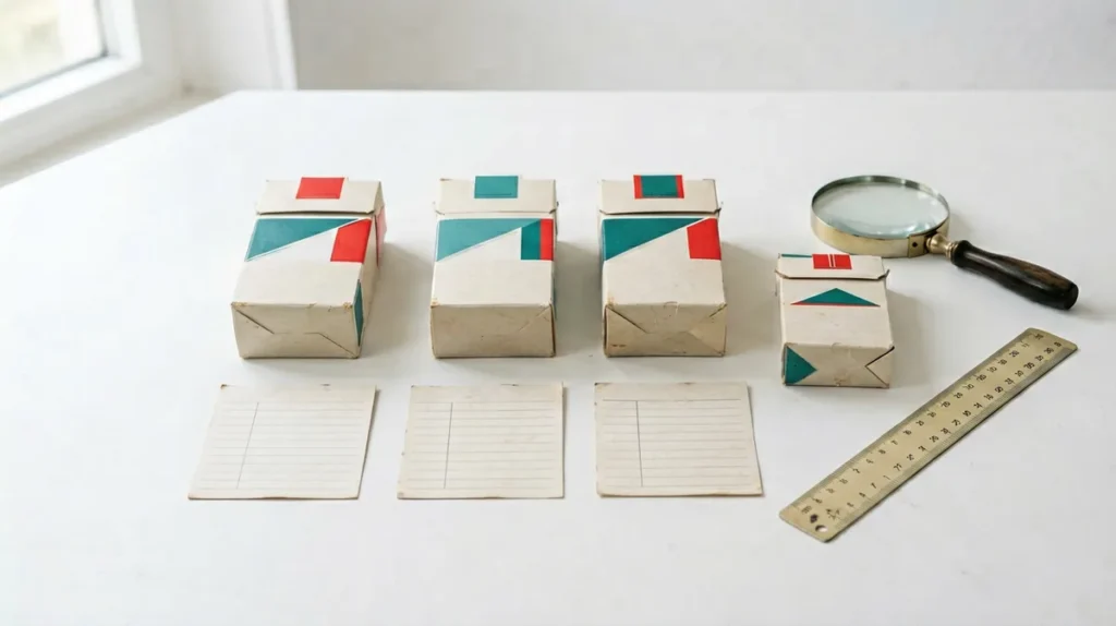 Two plain unbranded catalogue record cards arranged for comparing Double Happiness cigarette carton listings in Australia