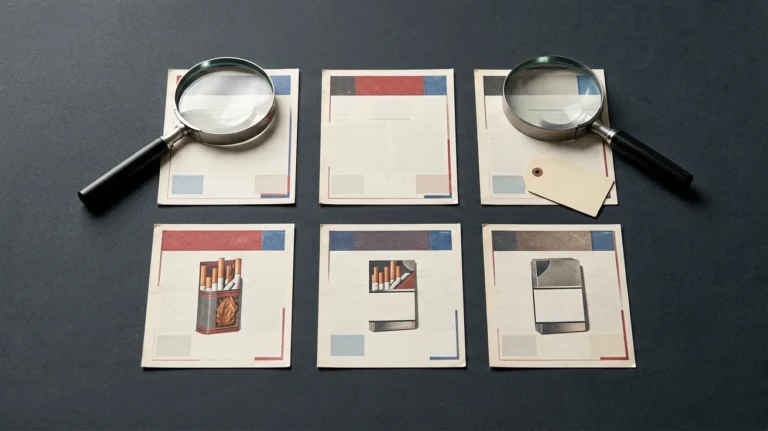 Two unbranded catalogue record cards arranged for a Dunhill cigarette comparison article