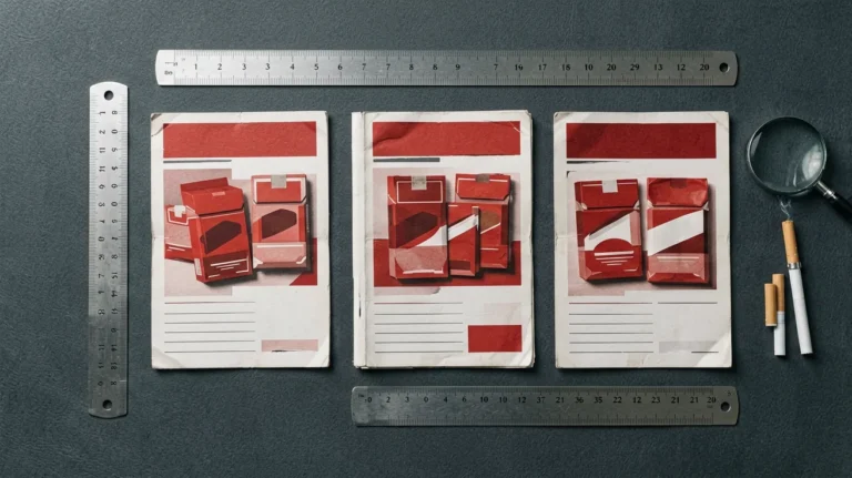 Three unbranded red catalogue record cards arranged with a ruler and magnifying glass for a full-flavour comparison
