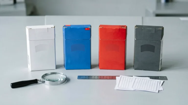 Four unbranded carton-shaped catalogue records arranged with inspection tools for an imported-product comparison
