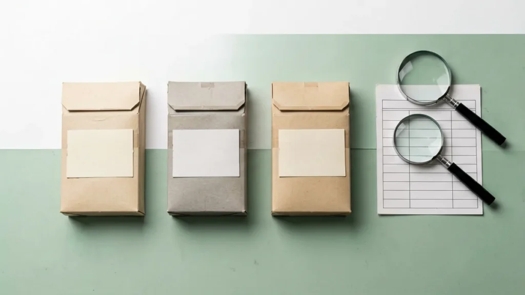 Four plain unbranded catalogue records arranged for a light-format cigarette comparison