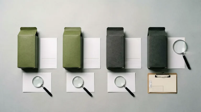 Four plain unbranded catalogue boxes arranged for comparing Marlboro cigarette records in Australia