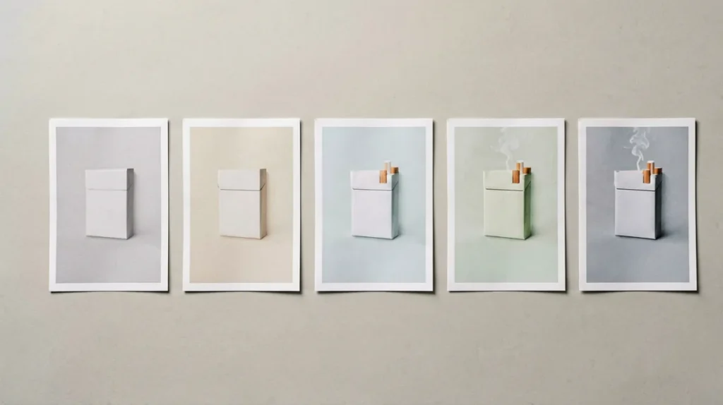 Plain unbranded catalogue blocks arranged for comparing menthol cigarette records in Australia