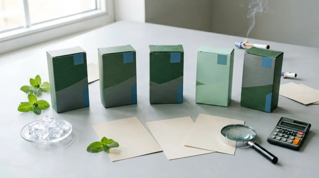 Five plain unbranded catalogue boxes with mint leaves, ice, record cards and a magnifying glass for a menthol record comparison