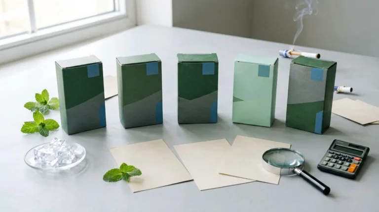 Five plain unbranded catalogue boxes with mint leaves, ice, record cards and a magnifying glass for a menthol record comparison