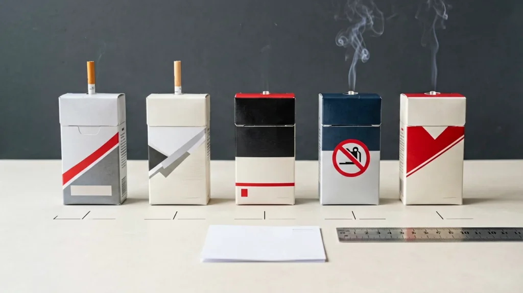 Five unbranded slim carton-shaped records arranged for an editorial catalogue comparison
