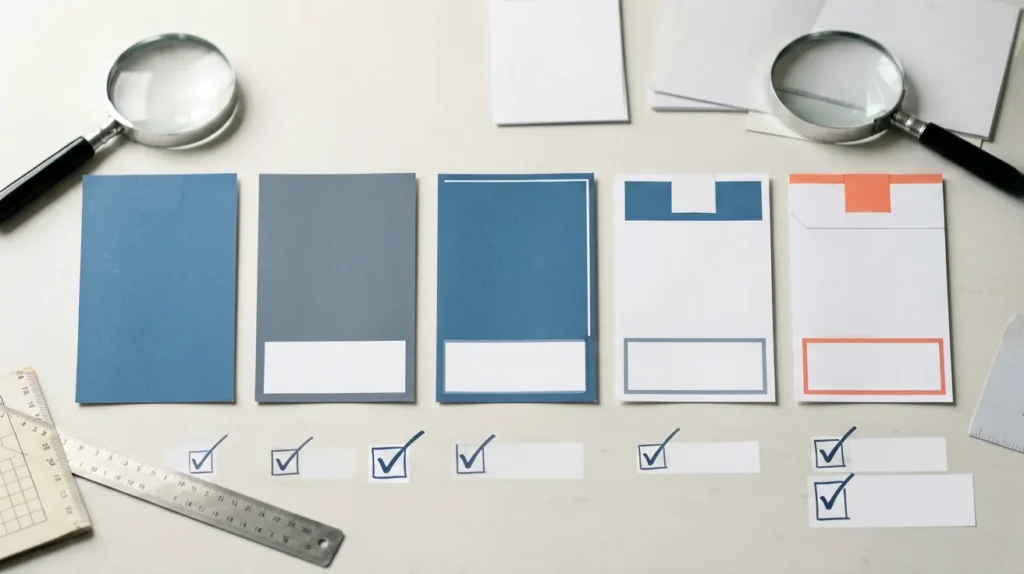 Five neutral catalogue record cards arranged with a magnifying glass and ruler for comparing blue cigarette records in Australia
