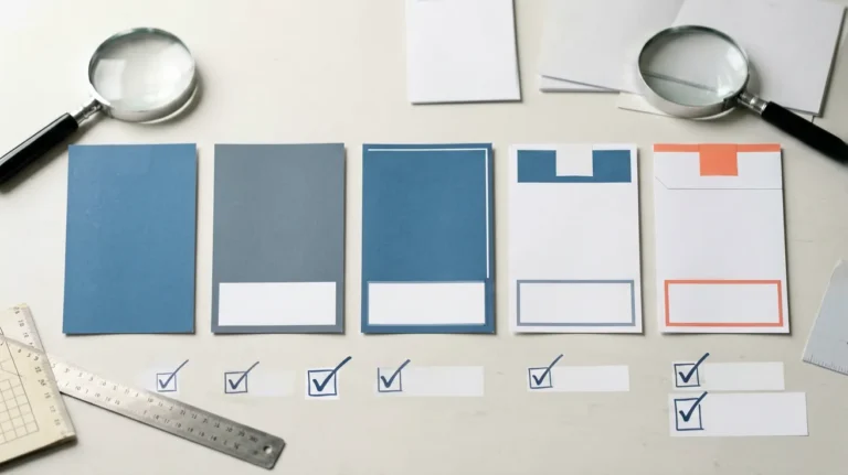Five neutral catalogue record cards arranged with a magnifying glass and ruler for comparing blue cigarette records in Australia