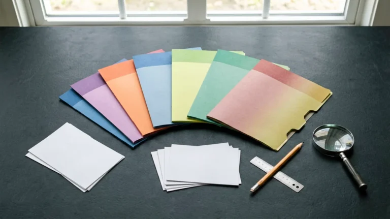 Seven colour-coded catalogue dividers with blank record cards and checking tools on a desk