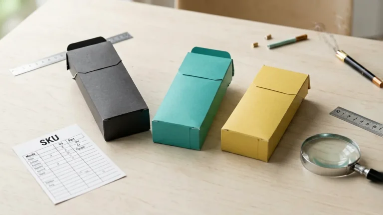 Generic unbranded carton-shaped package forms with a SKU sheet and magnifying glass for comparing capsule cigarette catalogue records in Australia