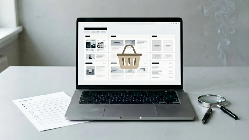 Laptop cart record, blank checklist and magnifying glass prepared for a pre-checkout comparison