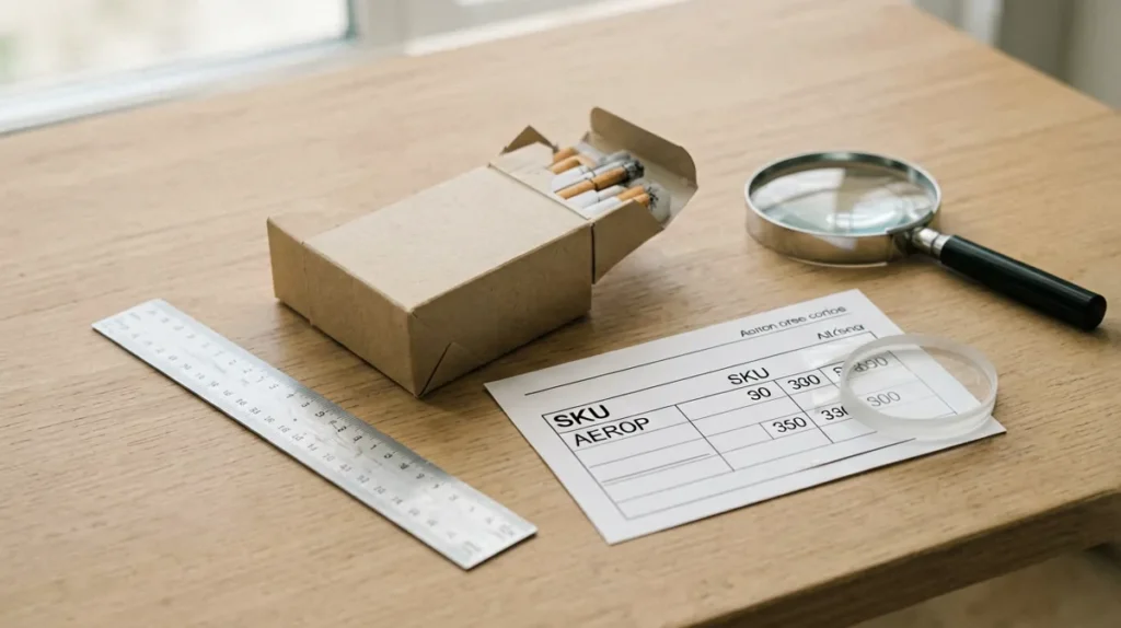 Unbranded carton-shaped package with a SKU sheet, ruler and magnifying glass for checking a cigarette carton record