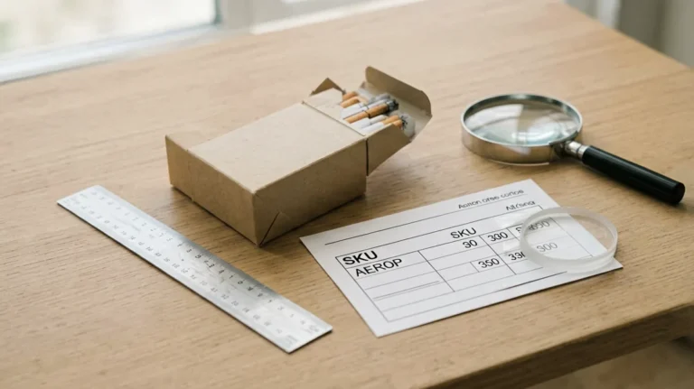 Unbranded carton-shaped package with a SKU sheet, ruler and magnifying glass for checking a cigarette carton record