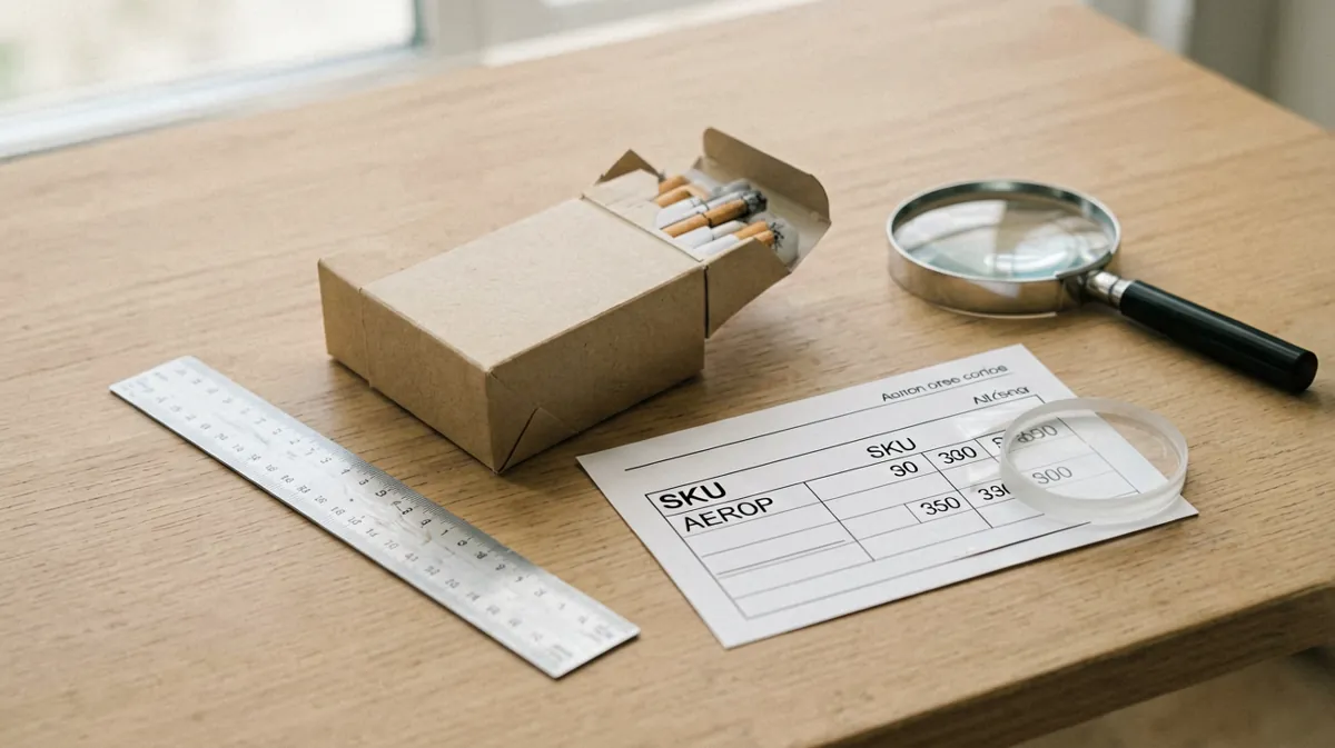 Unbranded carton-shaped package with a SKU sheet, ruler and magnifying glass for checking a cigarette carton record