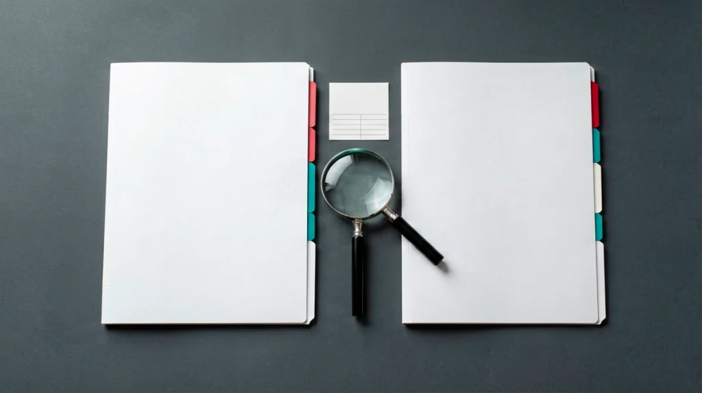 Two neutral catalogue record folders side by side with a magnifying glass