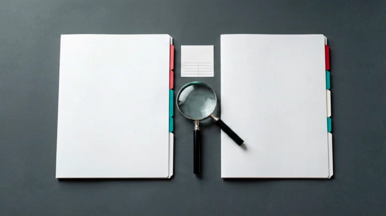 Two neutral catalogue record folders side by side with a magnifying glass
