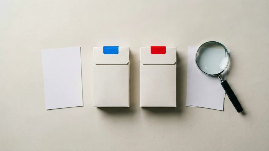 Editorial flat-lay of two blank unbranded cartons side by side, one with a blue record tag and one with a red record tag, beside catalogue record cards and a magnifying glass, illustrating how to tell the Dunhill Blue 6mg and Dunhill Red 6mg carton records apart