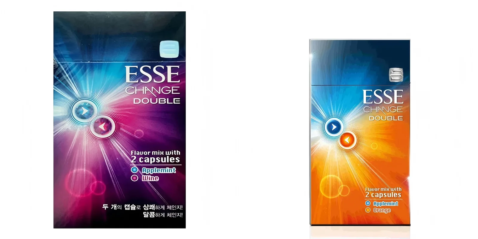 Side by side record comparison of the ESSE Change Double Applemint Wine carton listing image and the ESSE Change Double Applemint Orange carton listing image from the Gexlora catalogue