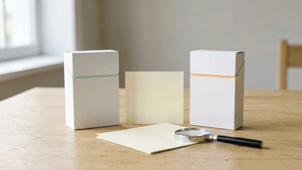 Editorial comparison of two blank unbranded cartons, one with a pale green accent and one with a pale orange accent, with a catalogue record card and magnifying glass