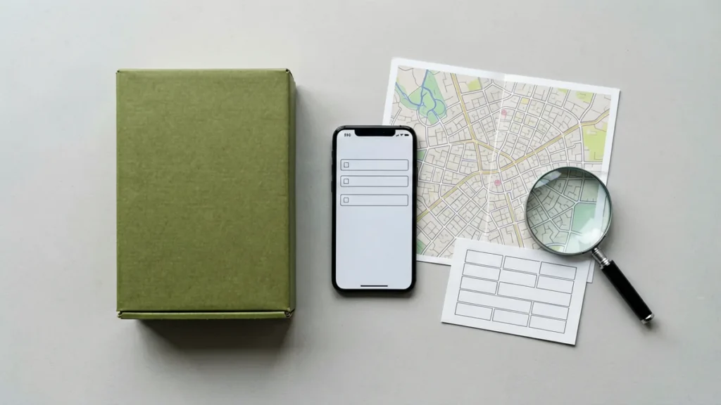 Plain unbranded carton beside a smartphone address form, postcode card, map and magnifying glass for checking an Australian delivery address