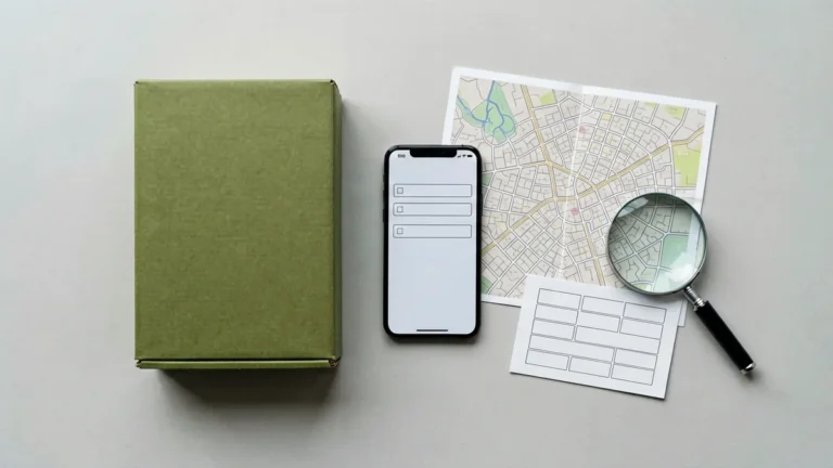 Plain unbranded carton beside a smartphone address form, postcode card, map and magnifying glass for checking an Australian delivery address