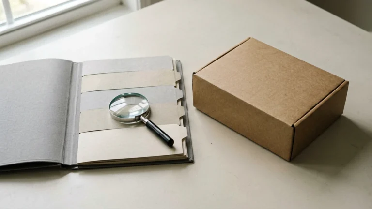 Open catalogue with seven brand divider tabs, a magnifying glass and an unbranded carton on a desk