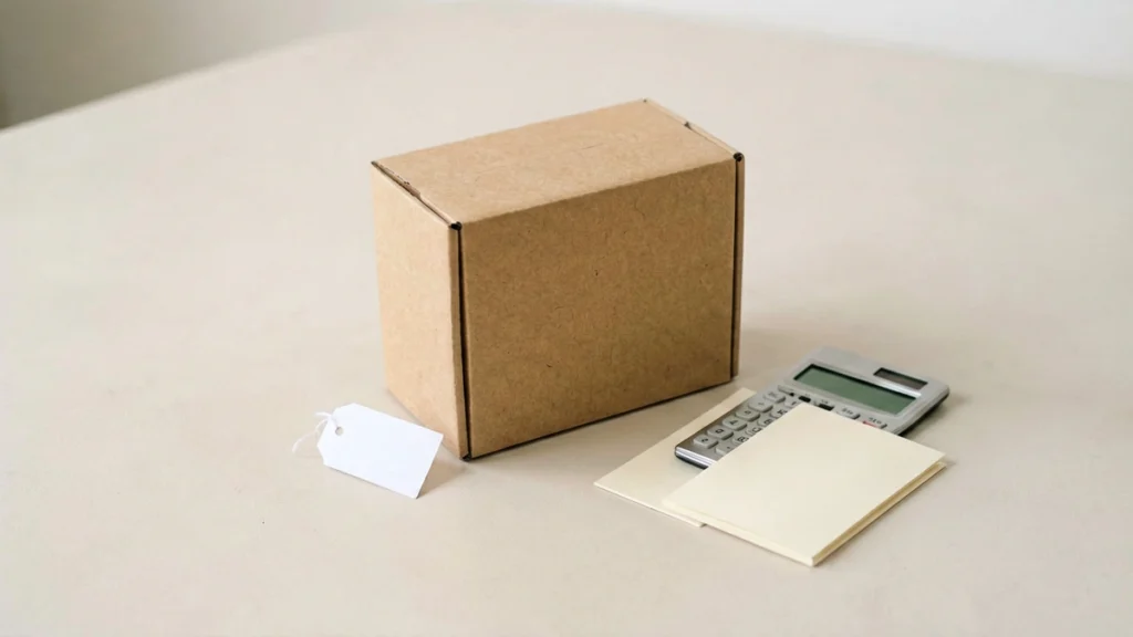 Unbranded kraft carton with a blank price tag, calculator and catalogue record card arranged for an AUD price check before ordering
