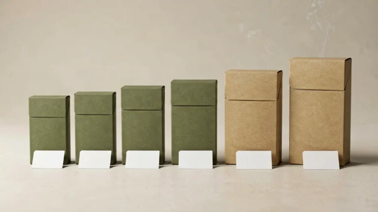 Editorial flat-lay of seven plain unbranded olive and kraft cigarette cartons standing in a row like a low-to-high price ladder, each with a small blank white price tag, illustrating brand-by-brand carton price ranges in the Gexlora adult tobacco catalogue