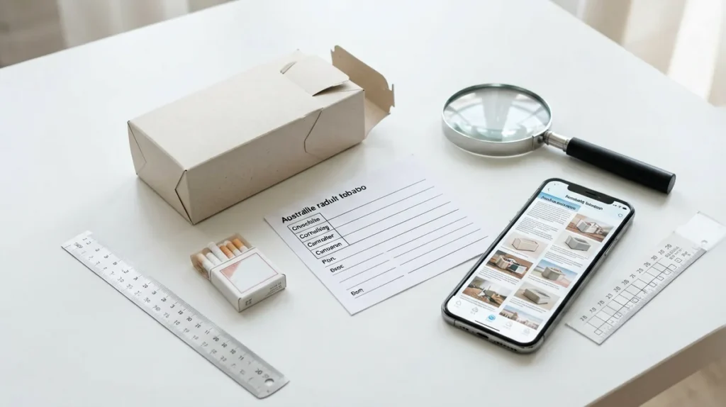 Unbranded carton-shaped catalogue record, smartphone, ruler and checklist arranged for checking a cigarette carton before ordering in Australia