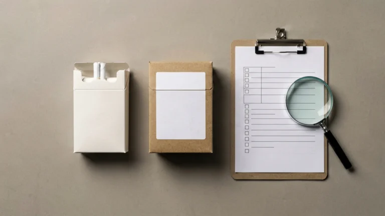 Editorial flat-lay of a blank unbranded carton beside a kraft parcel box with a blank address label, a clipboard checklist and a magnifying glass, illustrating how to prepare a Gexlora carton return or refund request