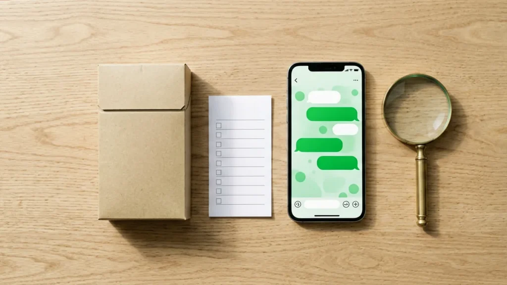 Editorial flat-lay of an unbranded carton, a blank checklist card, a smartphone chat screen and a magnifying glass on a desk