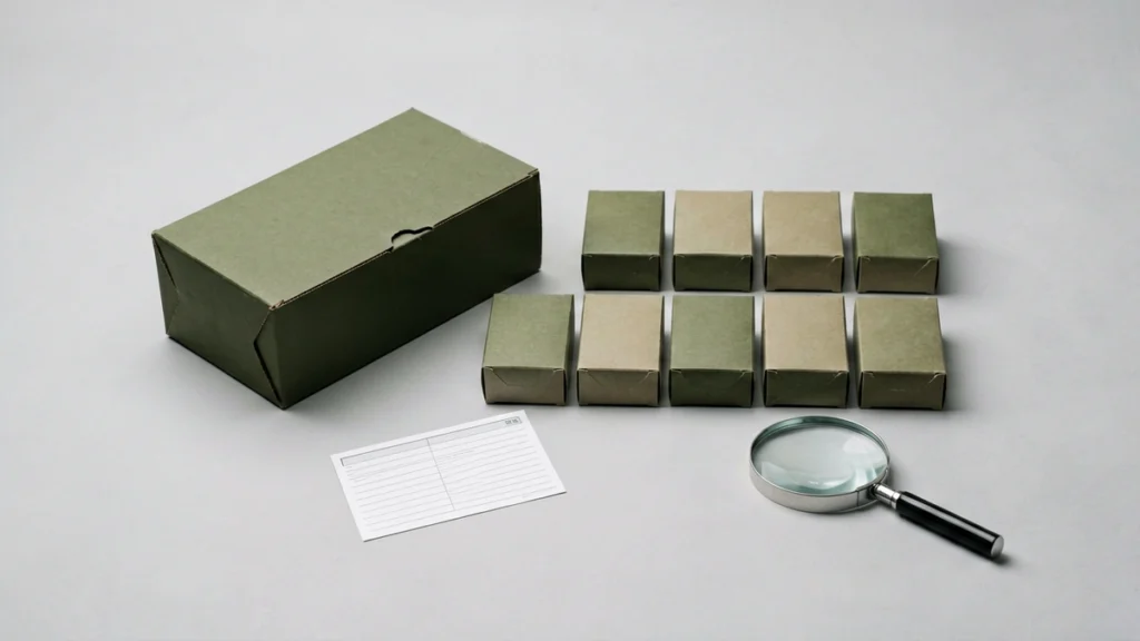 Plain unbranded outer carton beside ten pack-sized boxes and a catalogue record card, illustrating one carton containing ten packs