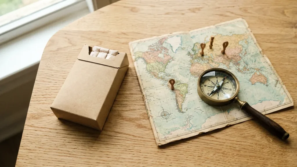 Editorial flat-lay of an unbranded carton beside a folded world map with wooden location pins and a magnifying glass, illustrating country and edition markers in Gexlora carton listings