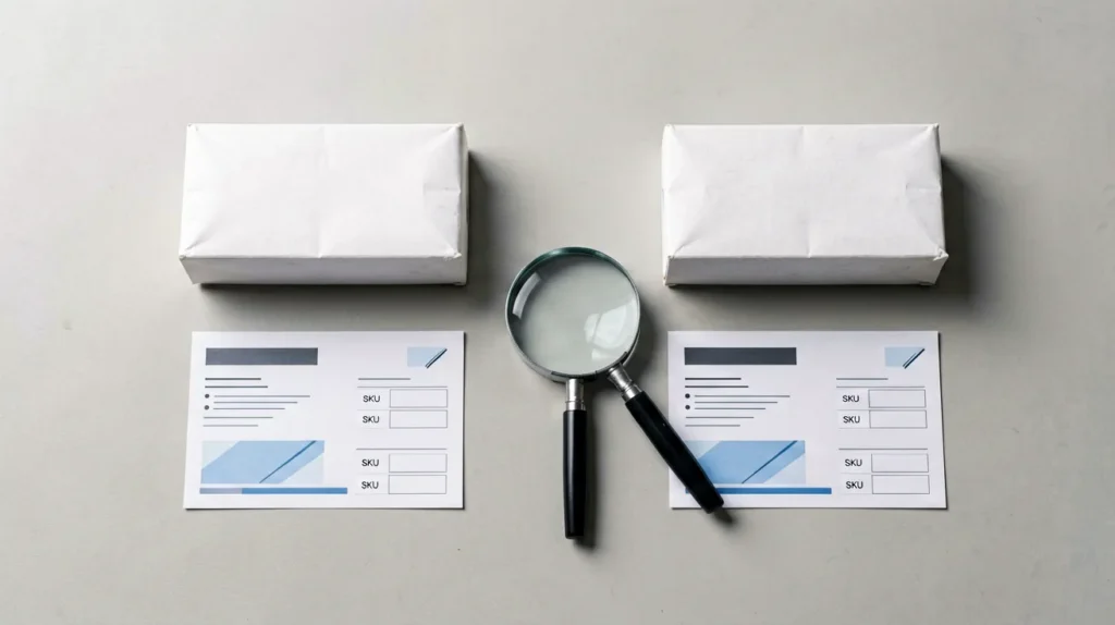 Two plain unbranded cartons beside separate catalogue record cards and a magnifying glass