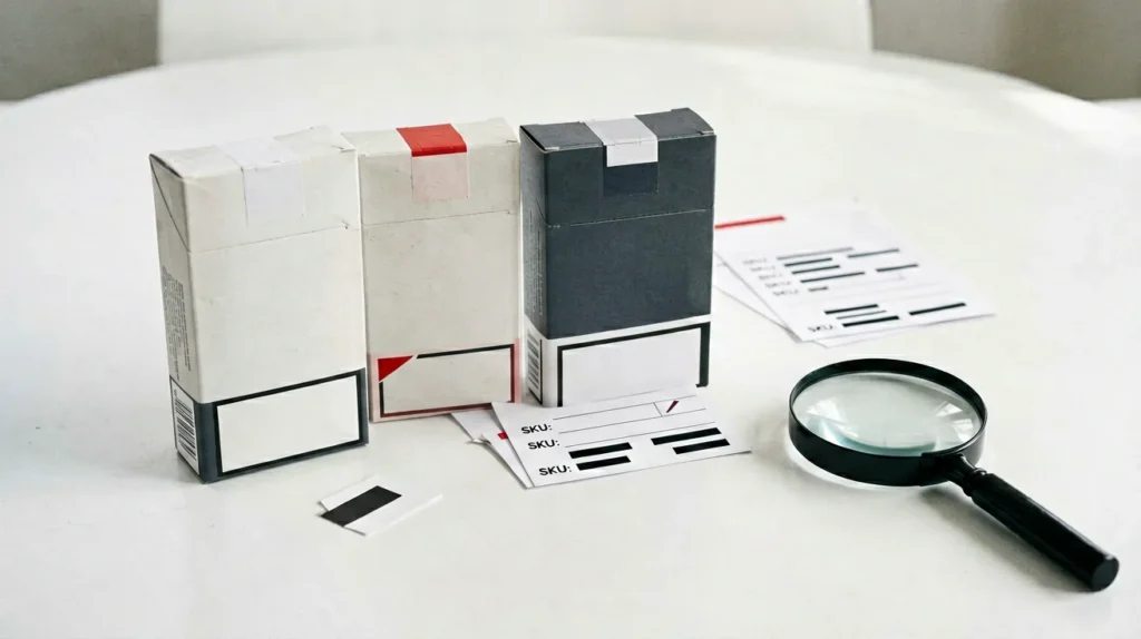Two plain unbranded cartons beside separate catalogue record cards and a magnifying glass