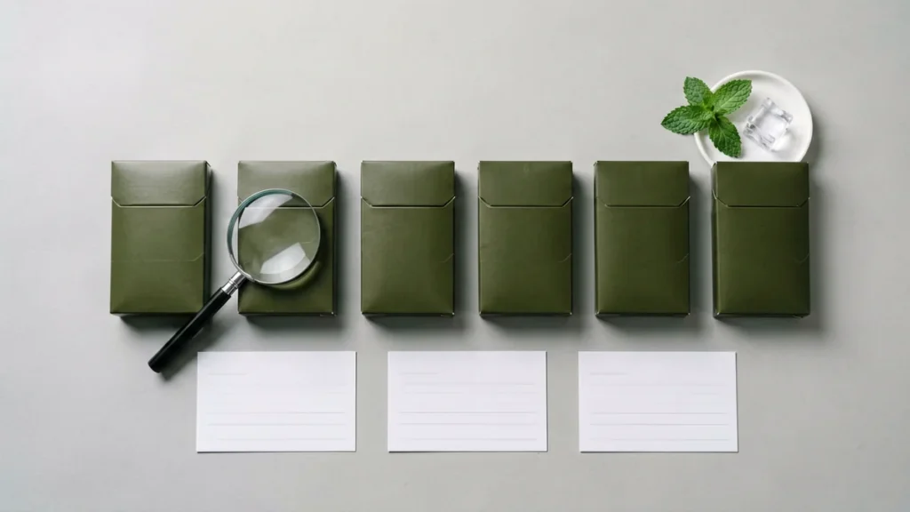 Editorial flat-lay of six plain dark-olive unbranded cartons in a row with a sprig of fresh mint leaves and two ice cubes on a small dish beside them and a magnifying glass over one carton, illustrating how Menthol, Ice and Mint wording appears inside Gexlora carton listing names