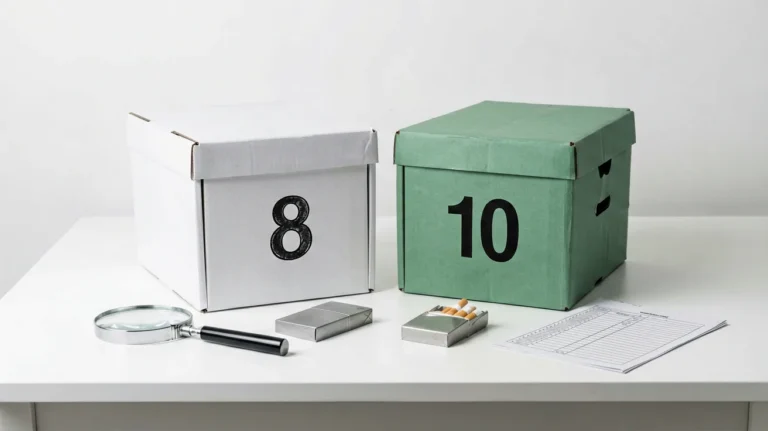 Two neutral archive boxes marked 8 and 10 beside a magnifying glass and checklist