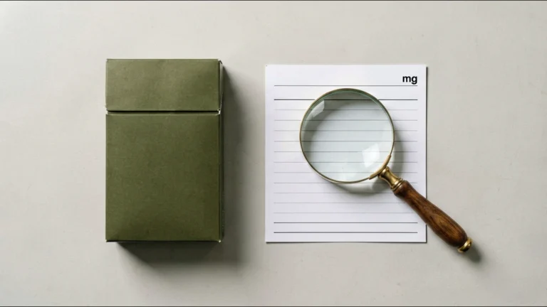 Editorial flat-lay of a plain dark-olive unbranded cigarette carton beside a blank white catalogue record card with a magnifying glass resting over a circled number field and a small mg unit label, illustrating the milligram figure used inside Gexlora carton listing names