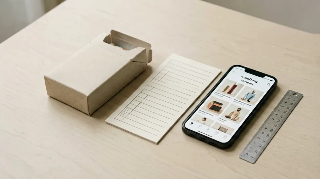 Unbranded carton-shaped package, catalogue checklist, smartphone and ruler arranged for an adult order verification workflow