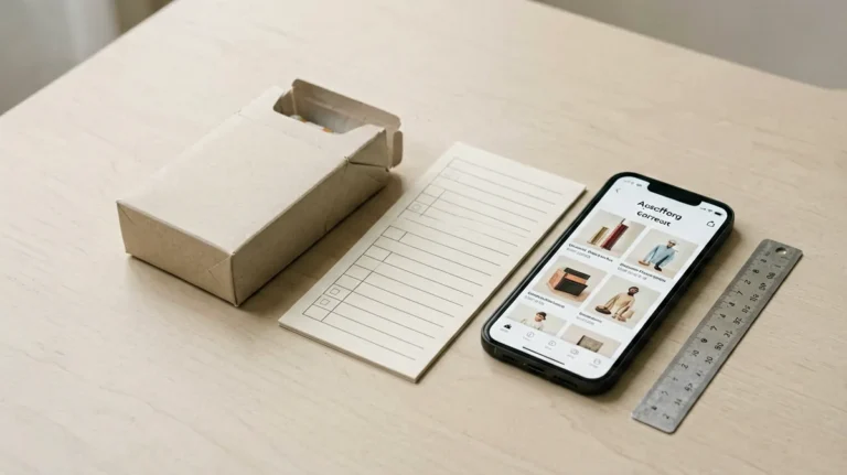 Unbranded carton-shaped package, catalogue checklist, smartphone and ruler arranged for an adult order verification workflow