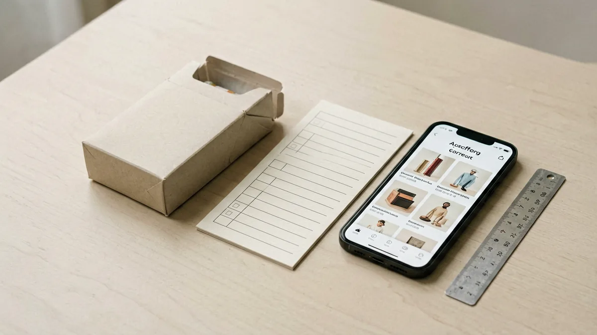 Unbranded carton-shaped package, catalogue checklist, smartphone and ruler arranged for an adult order verification workflow