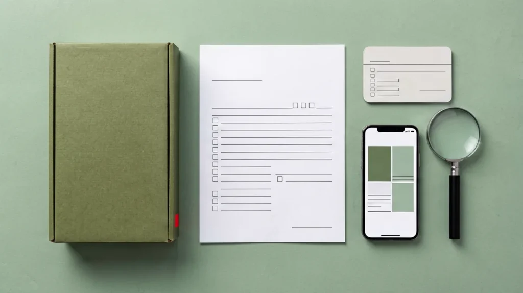 Plain unbranded carton beside an order confirmation sheet, SKU card, smartphone catalogue and magnifying glass