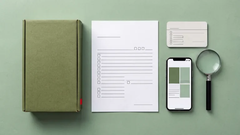 Plain unbranded carton beside an order confirmation sheet, SKU card, smartphone catalogue and magnifying glass