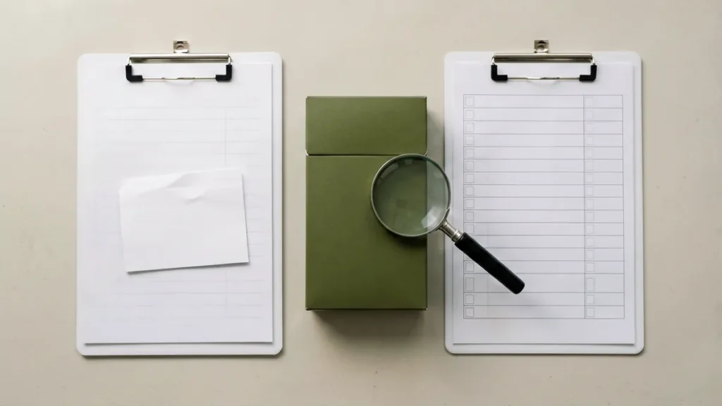 Editorial flat-lay of a plain unbranded olive cigarette carton beside a blank clipboard checklist, a folded blank address label and a magnifying glass, illustrating how a Gexlora carton order can be reviewed, held or cancelled when delivery or eligibility details cannot be satisfied