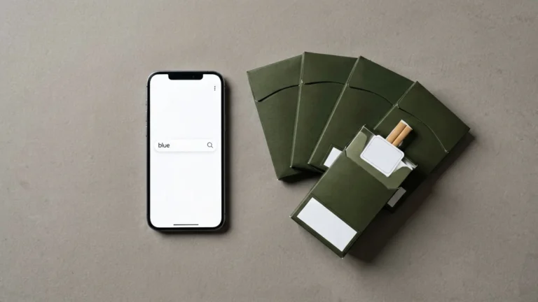 Editorial flat-lay of a smartphone showing a product search field with the word blue typed in, beside a fan of plain unbranded olive cigarette cartons with one carton pulled forward carrying a blank white SKU tag, illustrating how a remembered partial name is matched against the full Gexlora carton record