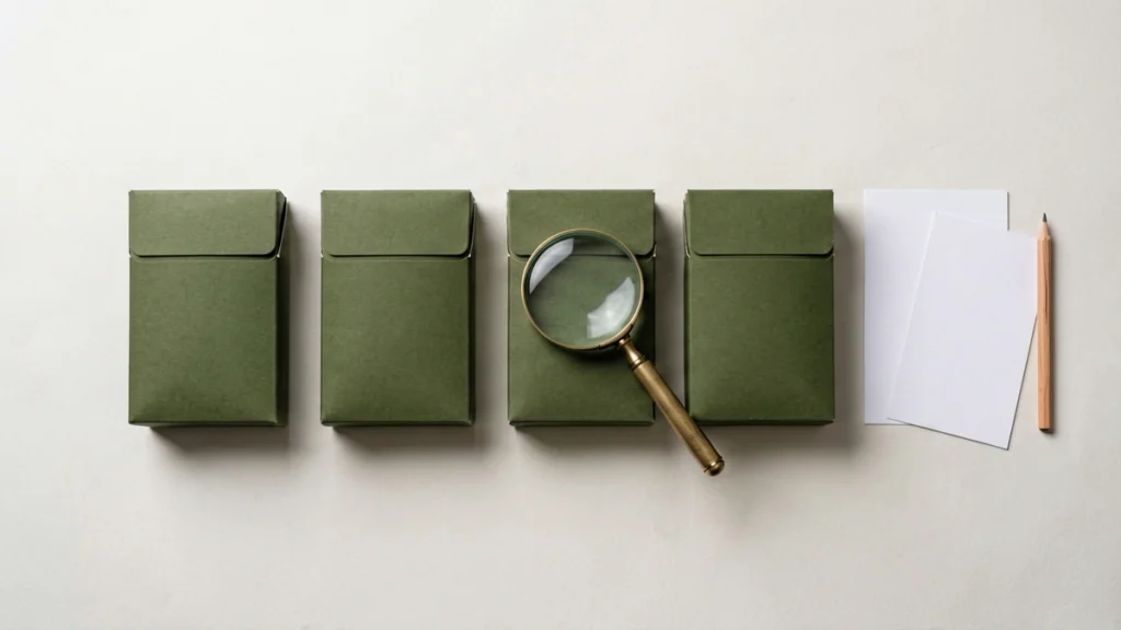Editorial flat-lay of five identical plain dark-olive unbranded cartons in a row with a magnifying glass over one carton and blank catalogue record cards beside them, illustrating why Australian plain-packaged cartons look alike and how to identify the exact record
