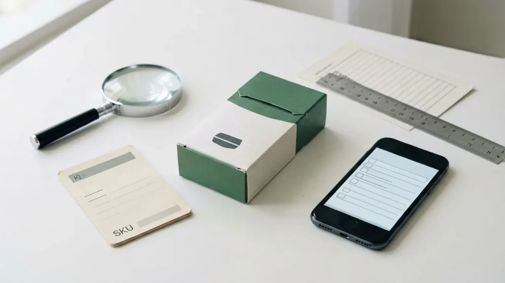 Plain slim carton-shaped box beside a SKU card, magnifying glass and pre-order checklist