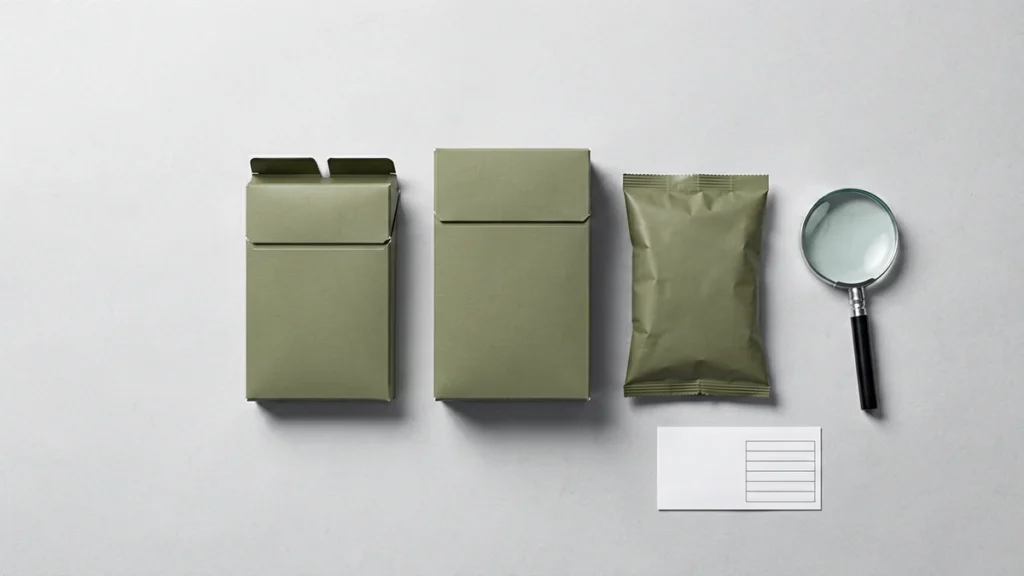 Editorial flat-lay of one plain unbranded carton beside a rigid flip-top hard pack box and a flexible soft paper packet, with a blank catalogue record card and magnifying glass, illustrating soft pack and hard pack wording inside Gexlora carton listing names